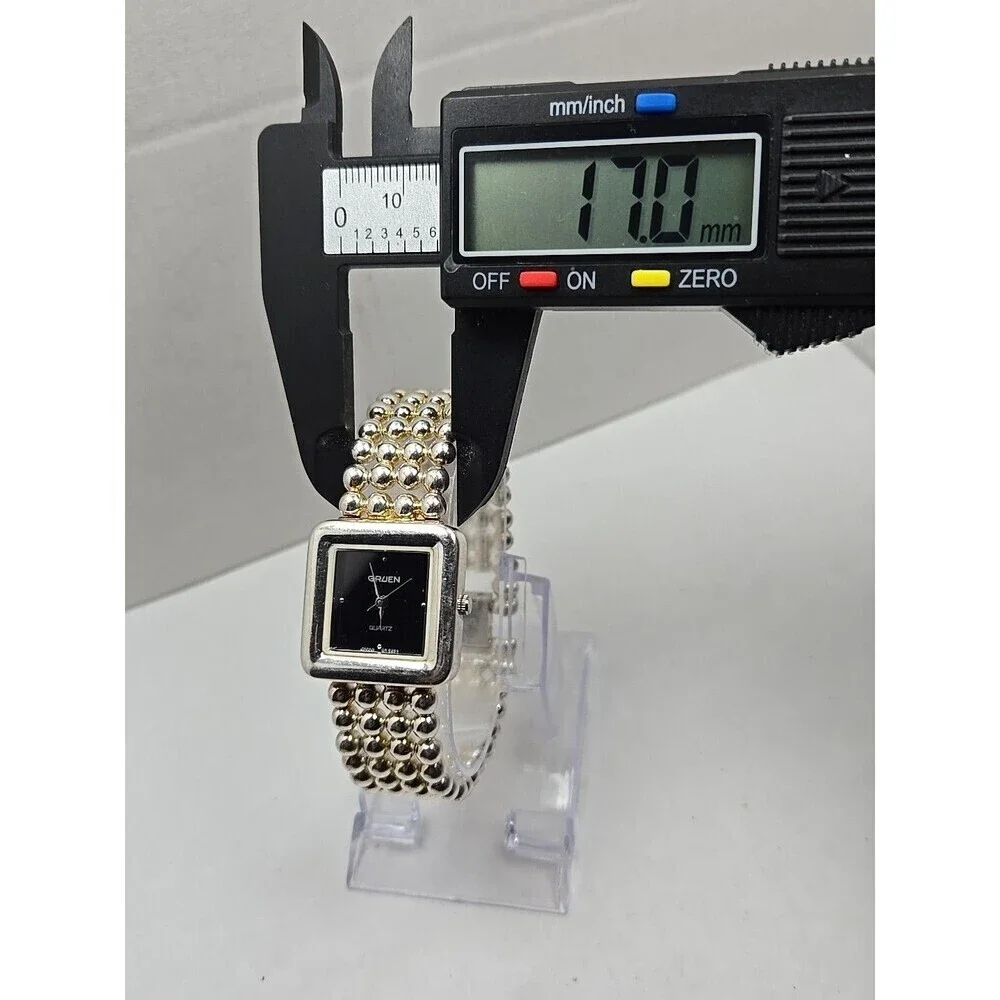 Gruen Womens Square Black Dial Quartz Watch Silver Bead Bracelet New Battery